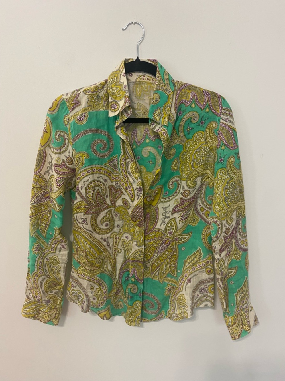 VINTAGE Etro Green Paisley Linen Blouse EUC SZ IT42